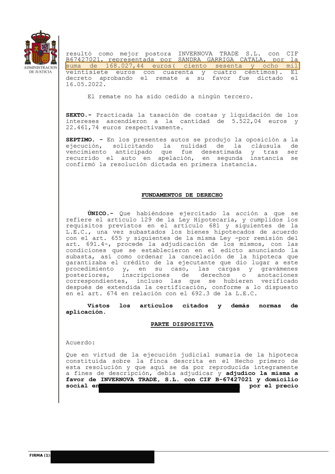 Decreto de adjudicación real con el precio de 168.027,44 euros resaltado