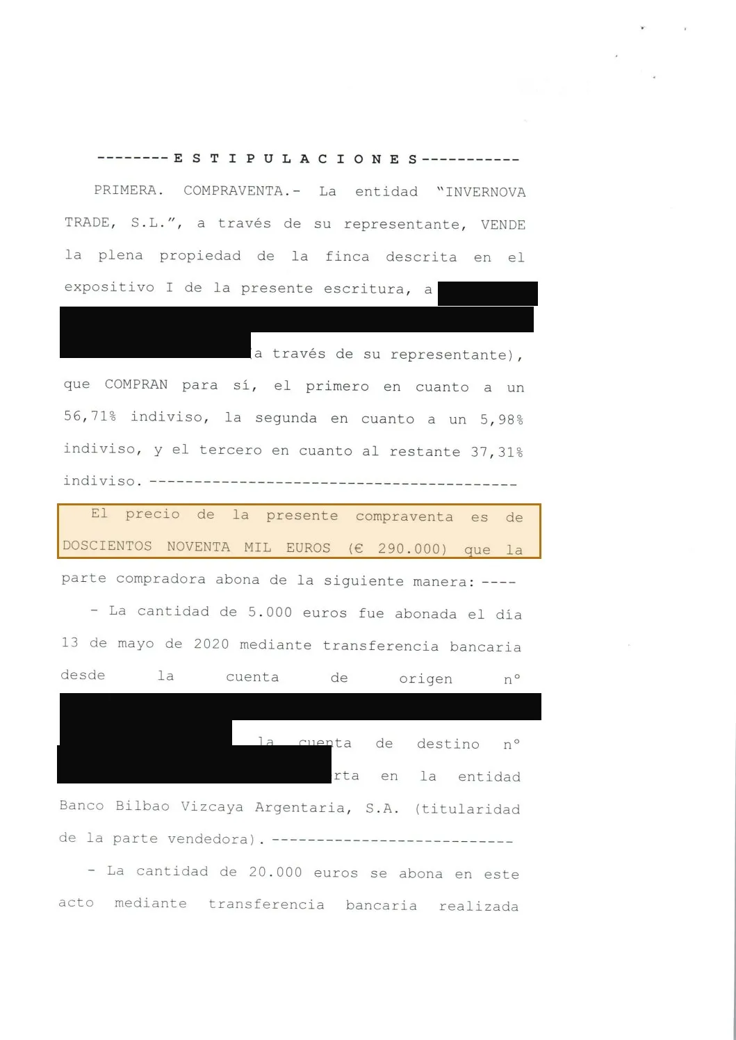Página de la escritura con el precio de venta de 290.000 euros resaltado