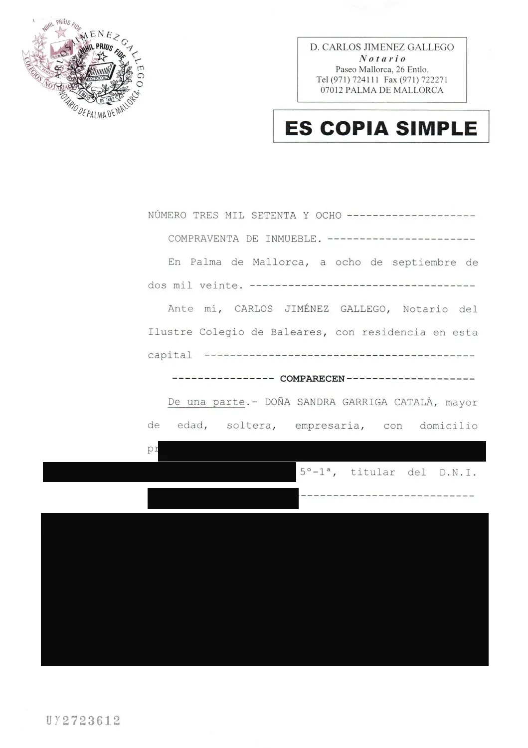 Portada de la copia simple de la compraventa, con los datos personales tachados