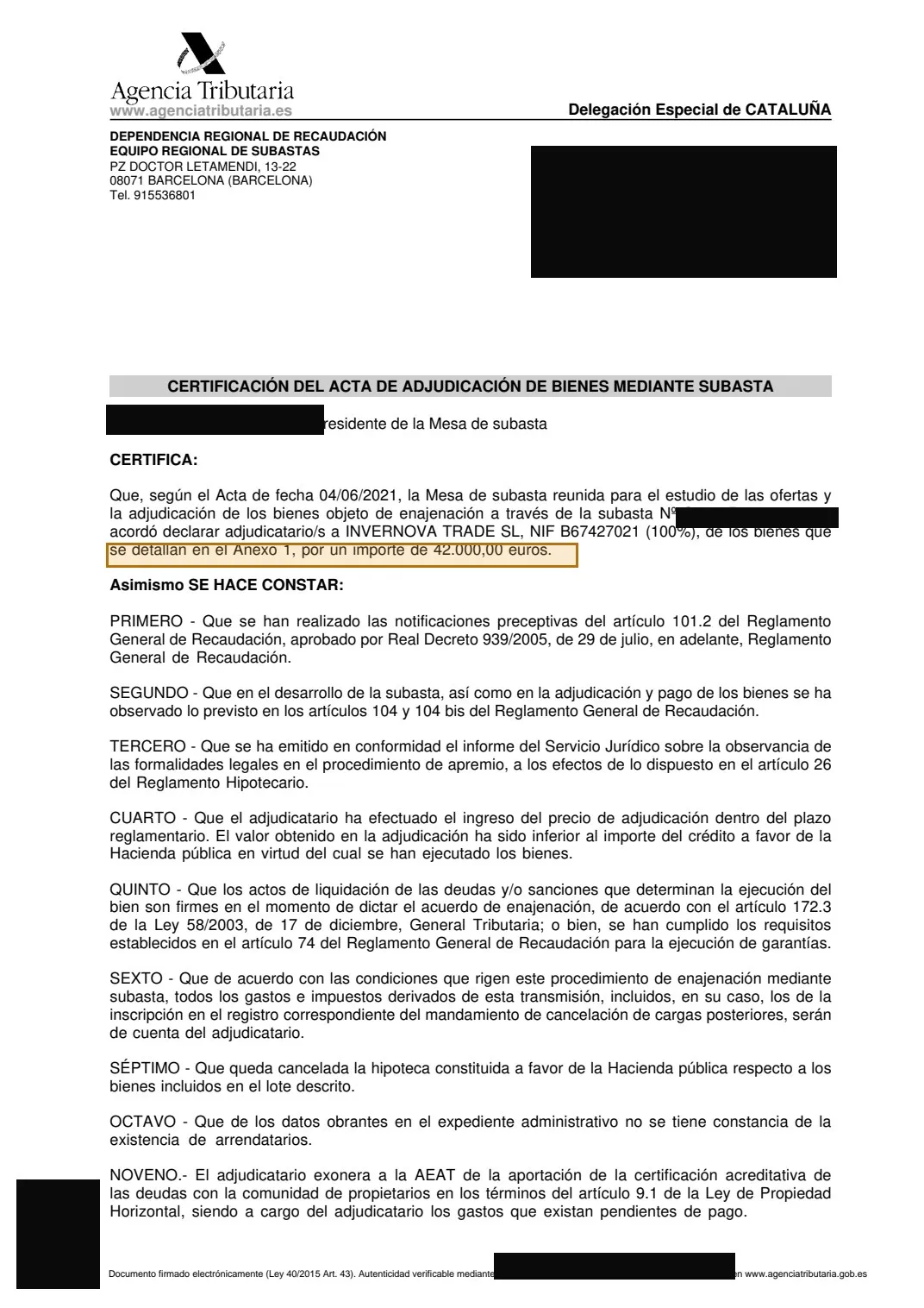 Acta de adjudicación de Hacienda por 42.000 euros, con los datos identificativos tachados