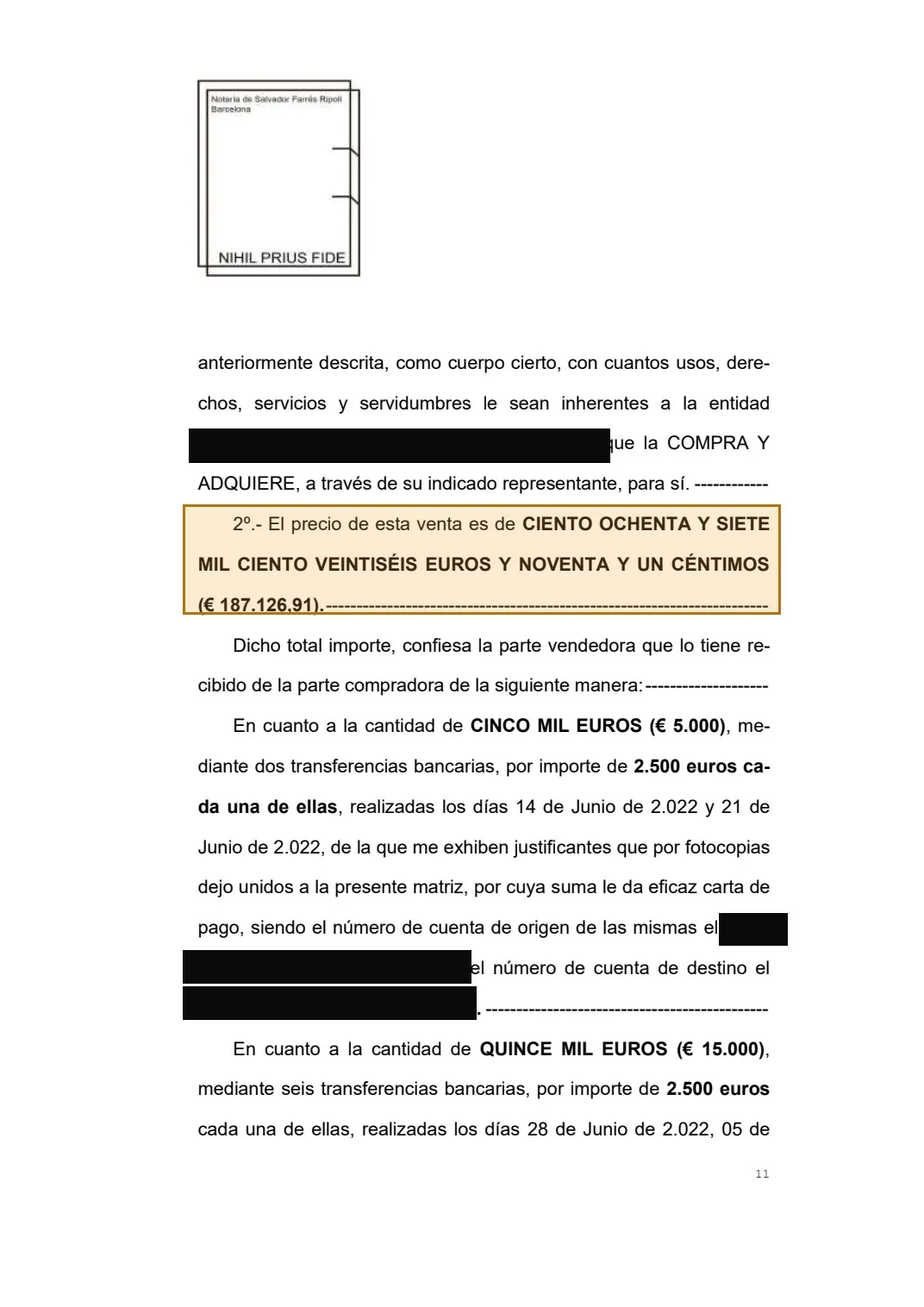 Página de la escritura con el precio de venta de 187.126,91 euros resaltado