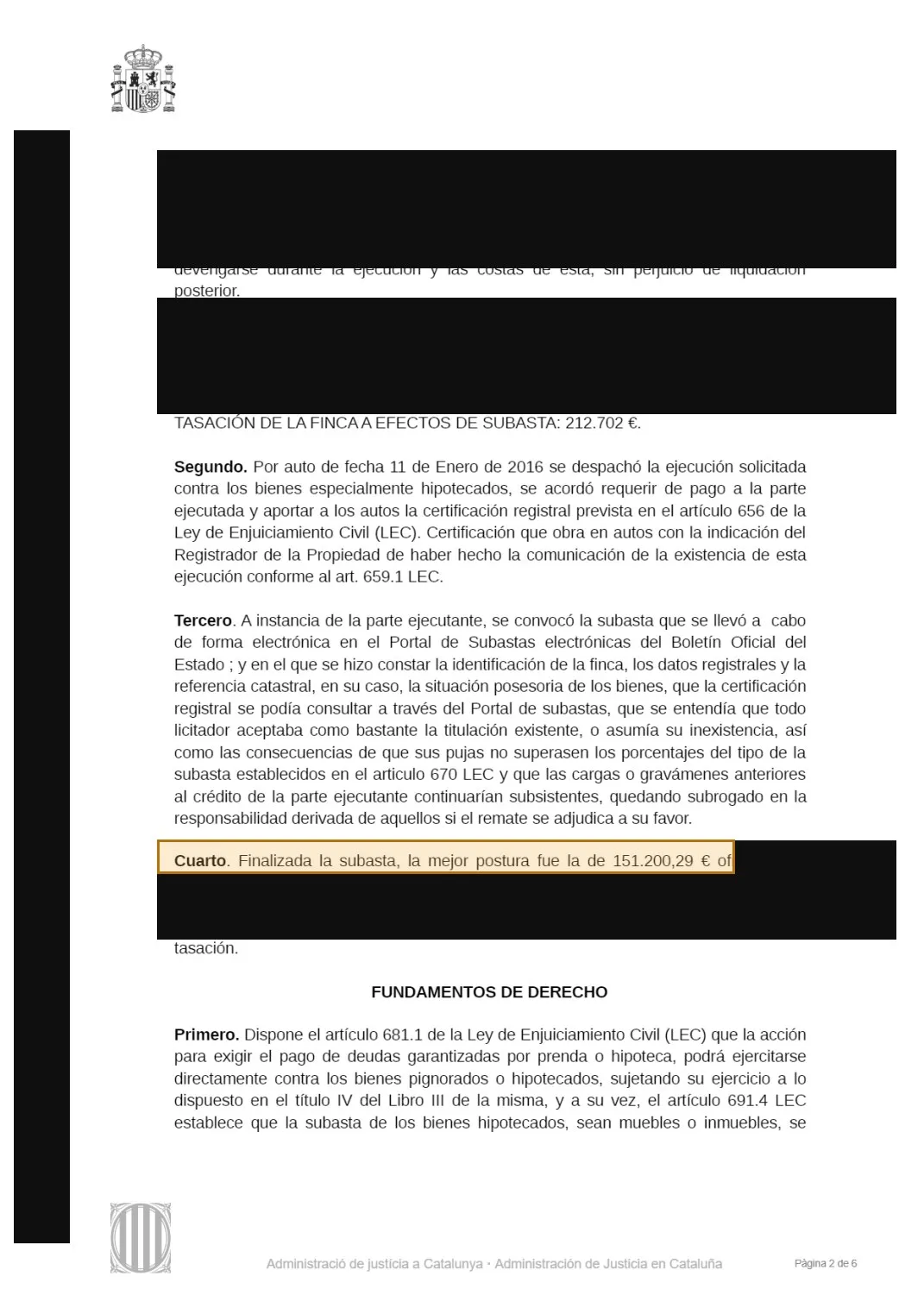 Decreto con la mejor postura de la subasta, con los datos personales tachados