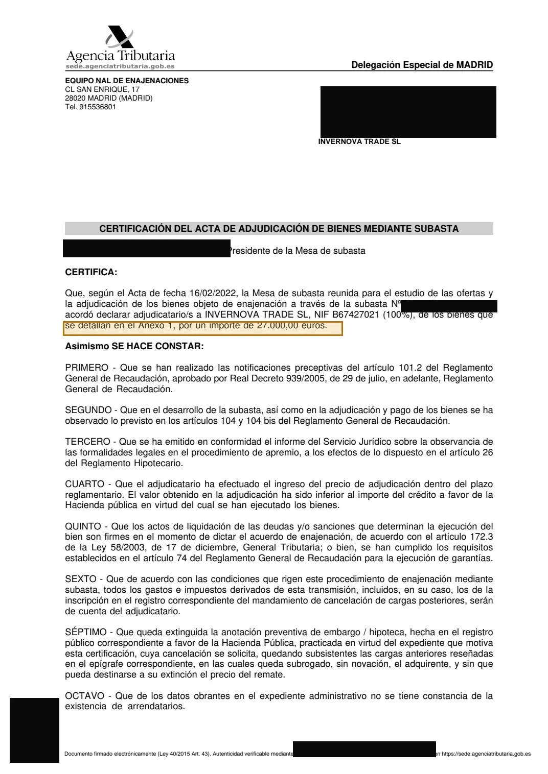 Acta de adjudicación de Hacienda por 27.000 euros, con los datos identificativos tachados
